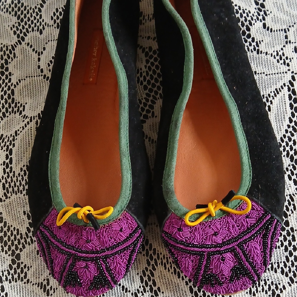 Black Suede Flats with Purple Beaded Toe and Green Trim
